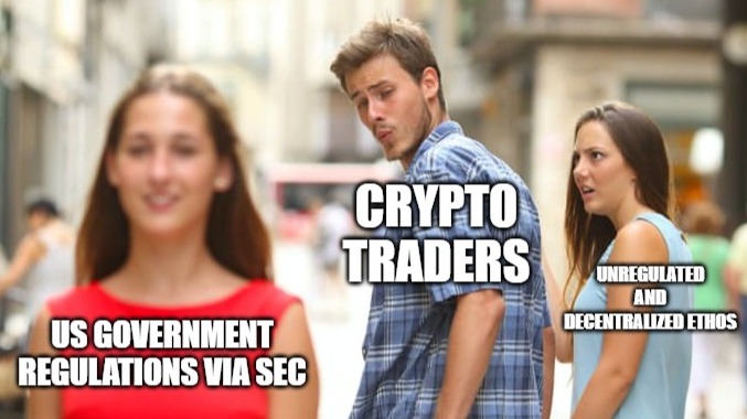 Jealous girlfriend meme - boyfriend marked as "Crypto Traders" staring at regulations, the jealous girlfriend in disbelief.