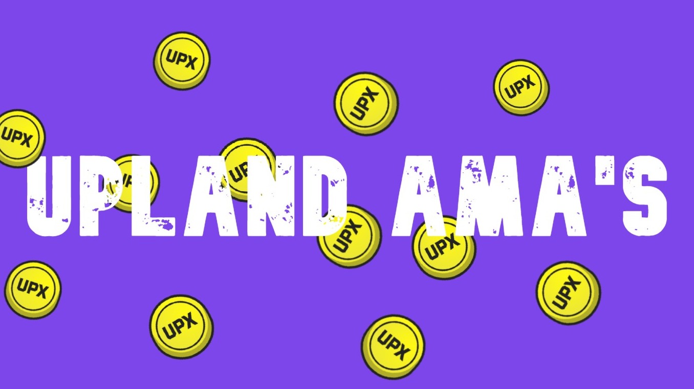 Purple Background with text reading Upland Ama's, with yellow UPX coins falling both behind and infront of the text.