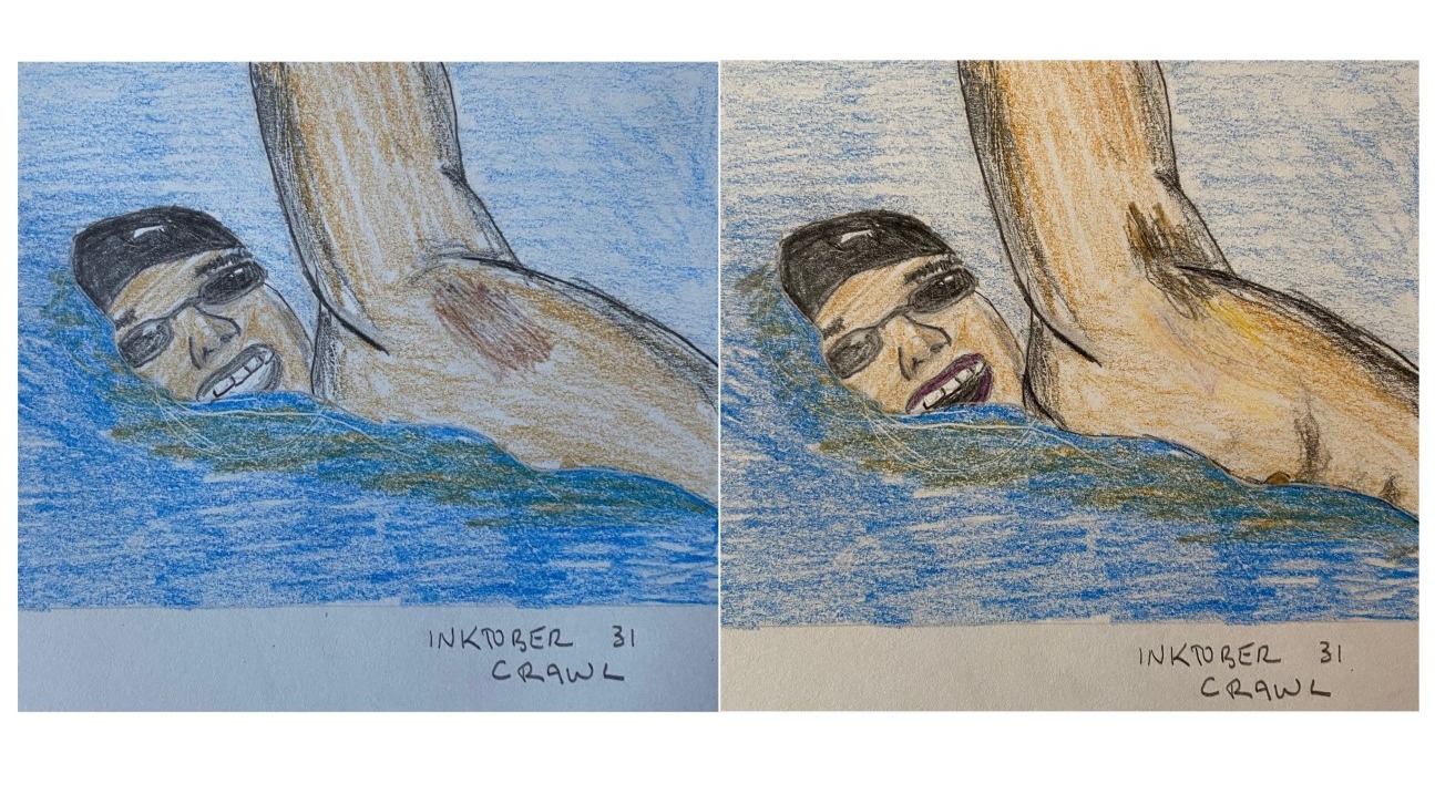 Before and after revisions: Drawing in pencil and colored pencil of man swimming