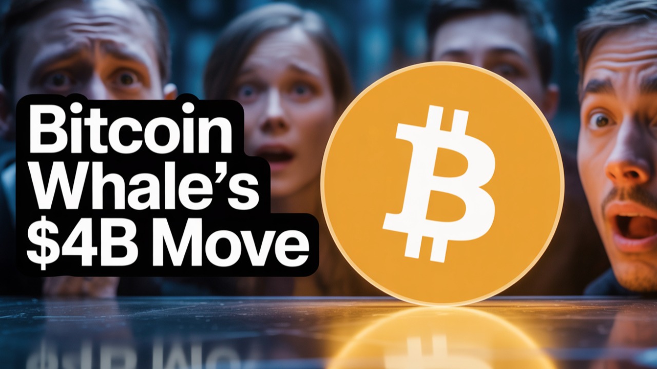 Shocked faces reacting to giant glowing Bitcoin symbol with text “Bitcoin Whale’s $4B Move.”