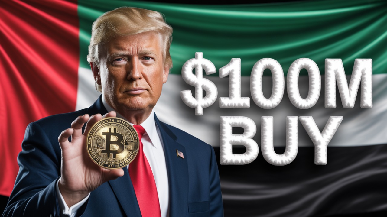 Donald Trump holding a Bitcoin with the UAE flag in the background and bold white text saying “$100M BUY”