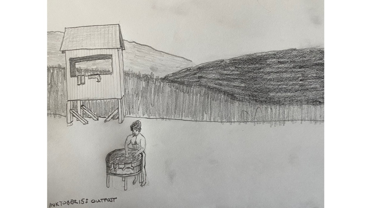 Laundry day at remote outpost - pencil drawing