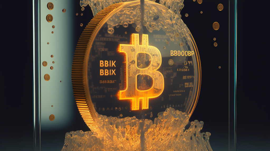 A digital image of a gold-colored Bitcoin on top of a pile of banknotes