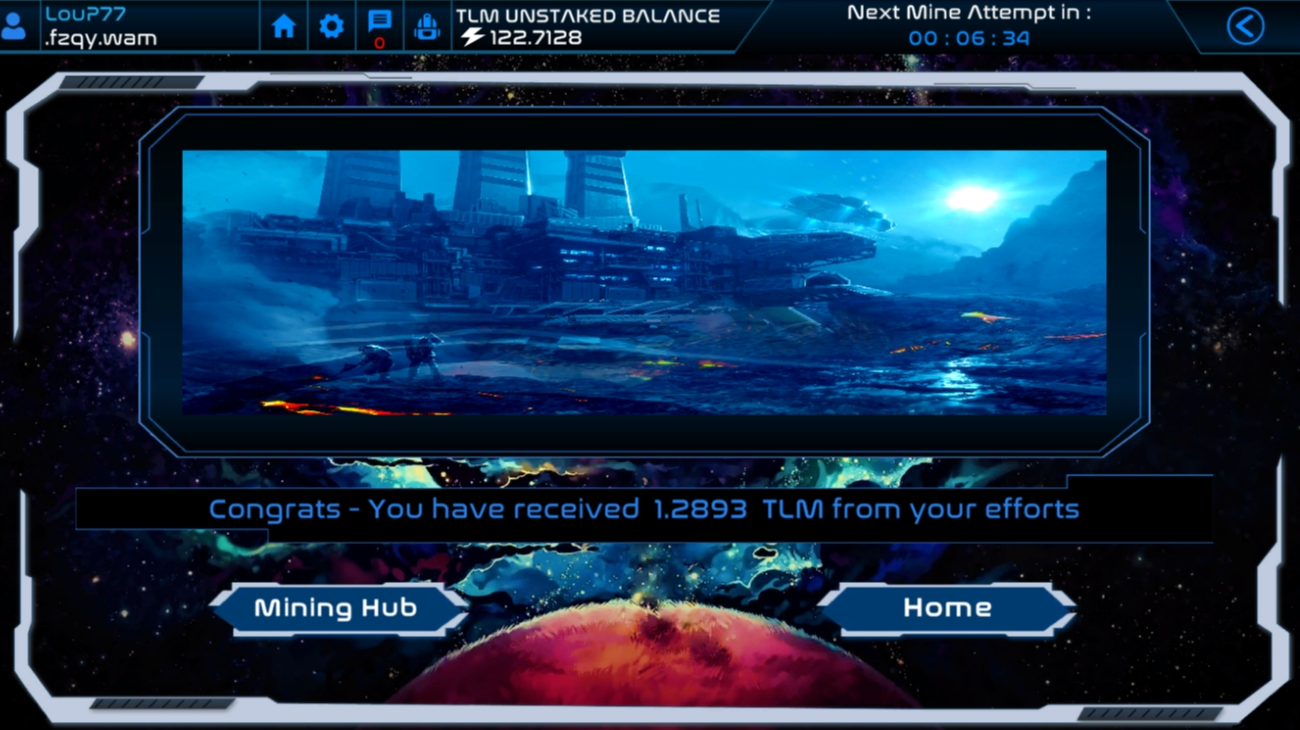 Alien Worlds mining hub results