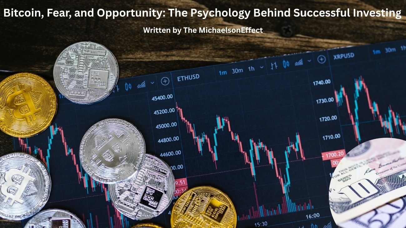 Bitcoin coins, fiat money and the investment market on a laptop.