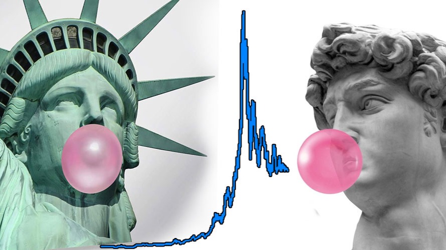 Double Bubbles about to pop - Statue of Liberty and David by Michelangelo blowing bubbles