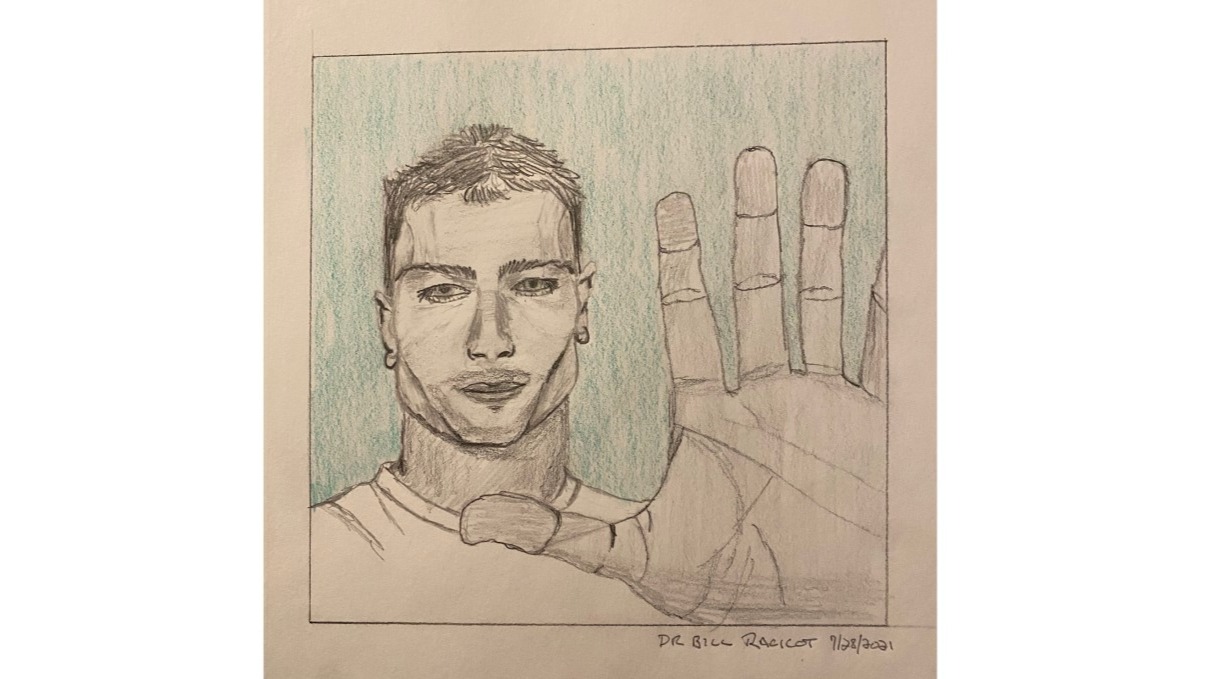 Square-jawed model holding his hand up "Stop!" - pencil and colored pencil