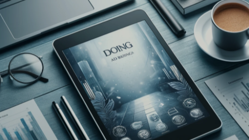 The image features a clean and professional workspace with a modern laptop open to a document and a Kindle device displaying