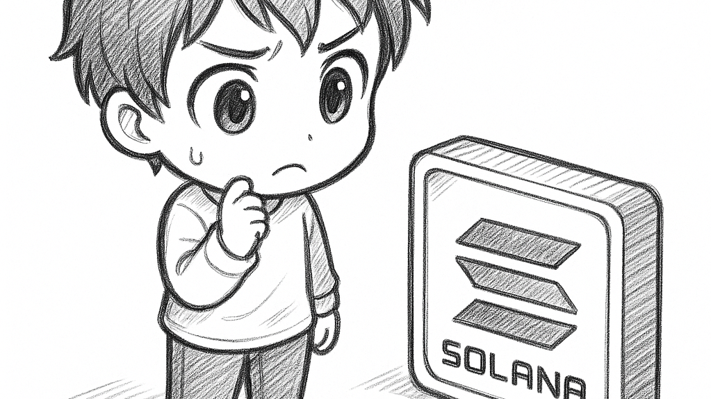 boy looking at a square Solana coin