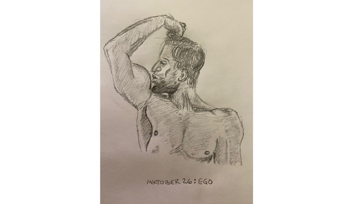 Muscle man kissing his own biceps - pencil