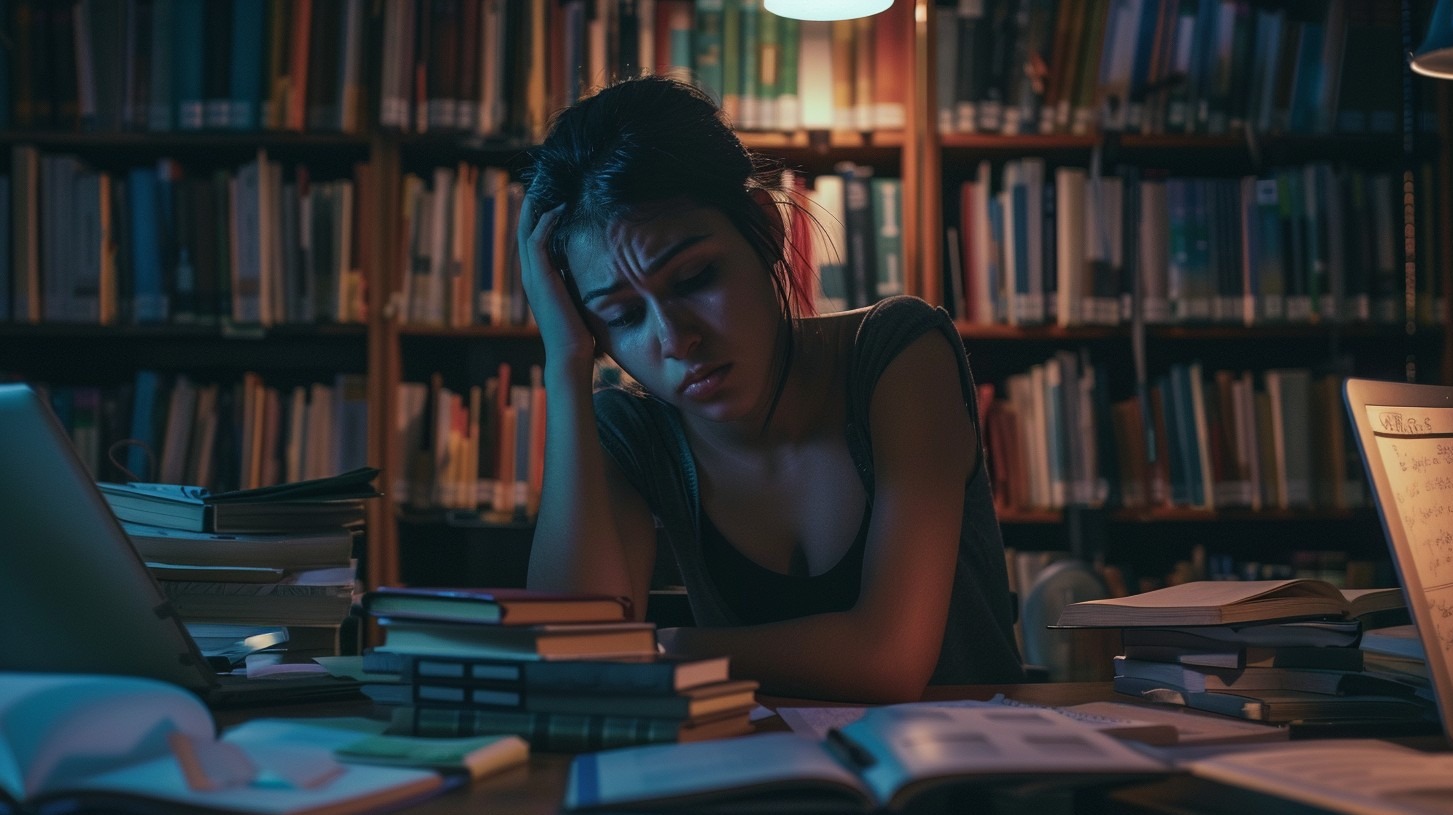 Exhausted student studying late at night in the library — representing the real emotional grind of academic life.