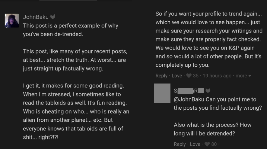 Screenshot of John Baku's redacted comment, for which he threatened a BIPoC femme with a DMCA takedown when reposted