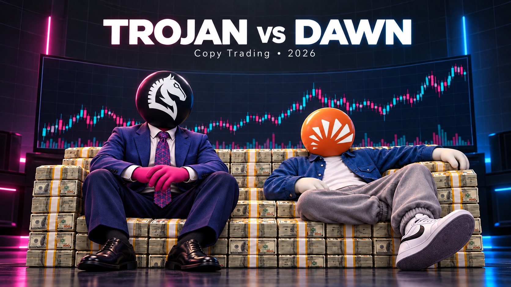 Trojan vs Dawn: Copy Trading 2026, illustrated 3D trading room