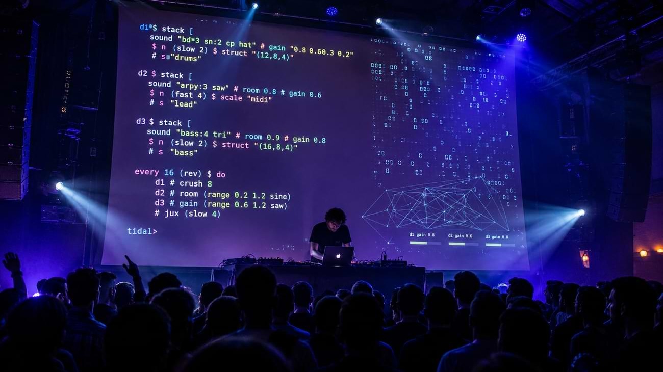Live coding performance — musician on stage with projected code on a large screen, audience in blue stage light.