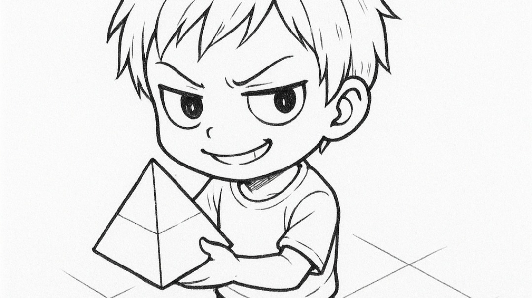 Mischievous boy holding a pyramid
