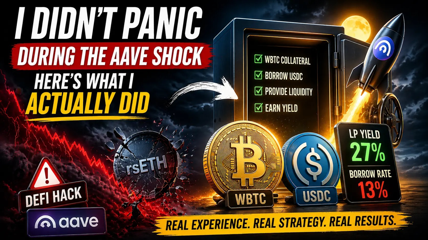 Dramatic DeFi showing the Aave shock, rsETH crash, and a real WBTC strategy with 27% yield vs 13% borrow rate.