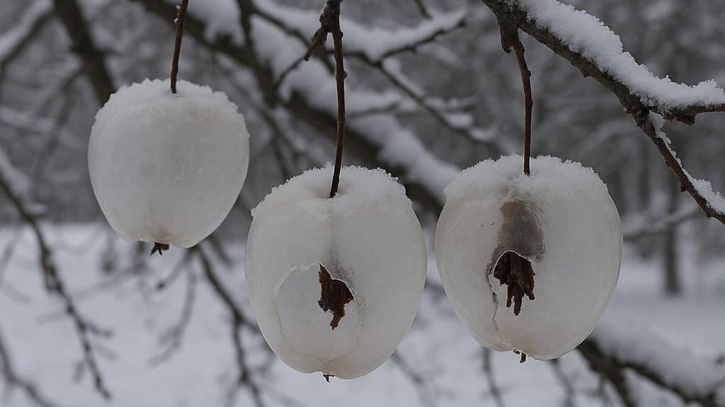 Ghost apples are not edible. They form when freezing rain coats rotting apples on trees.