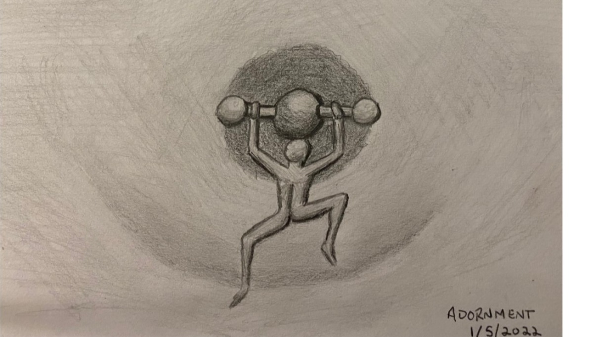 Nipple jewelry resembling a rock climber - pencil sketch