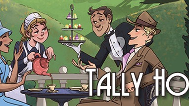 English ladies and gentlemen are drinking tea in the picture while a waiter is serving cakes.