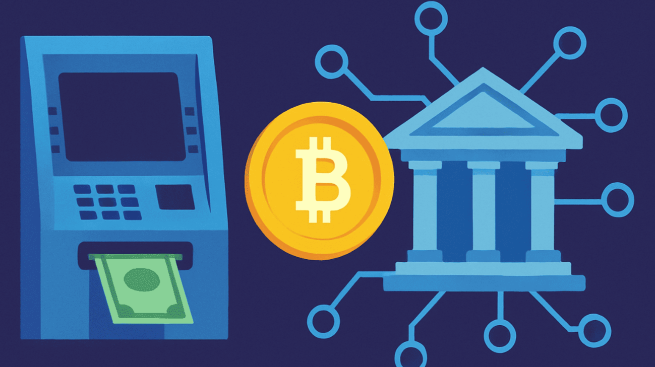 Illustration of traditional banking vs. DeFi with ATM, Bitcoin, and a decentralized bank.