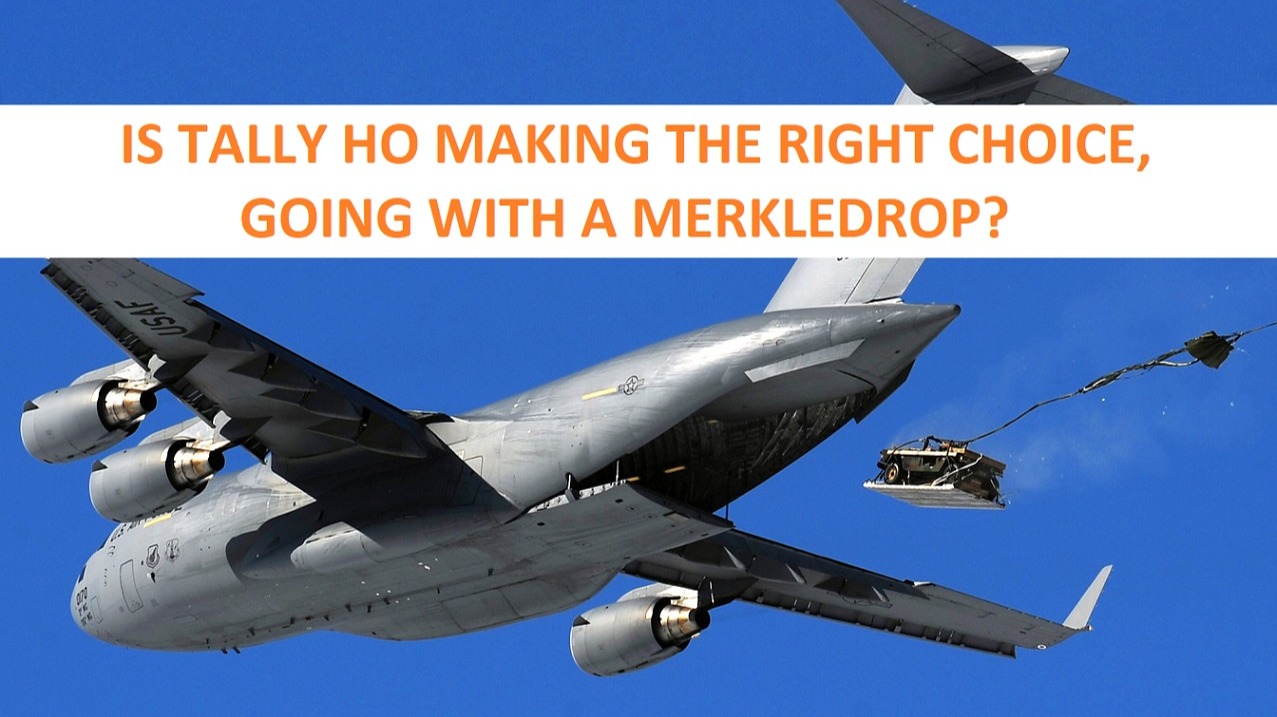 Plane airdroping a car, text: IS TALLY HO MAKING THE RIGHT CHOICE, GOING WITH A MERKLEDROP?