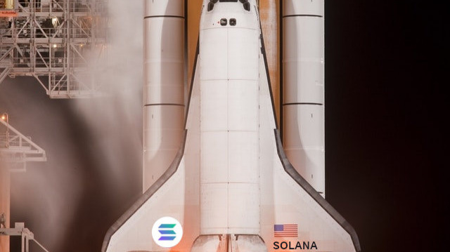 NASA rocket with the Solana logo abouty to take off