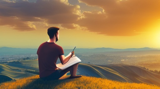 A person sitting on a hilltop, looking out at the beautiful sunset with a notebook and pen in hand, deep in thought