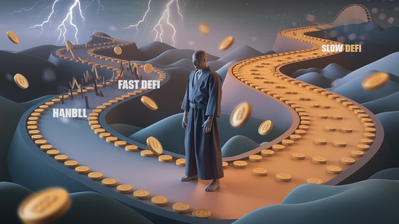 A calm, disciplined sensei figure stands on a winding path with gentle slopes. One path is labeled “Fast DeFi” and is jagged,