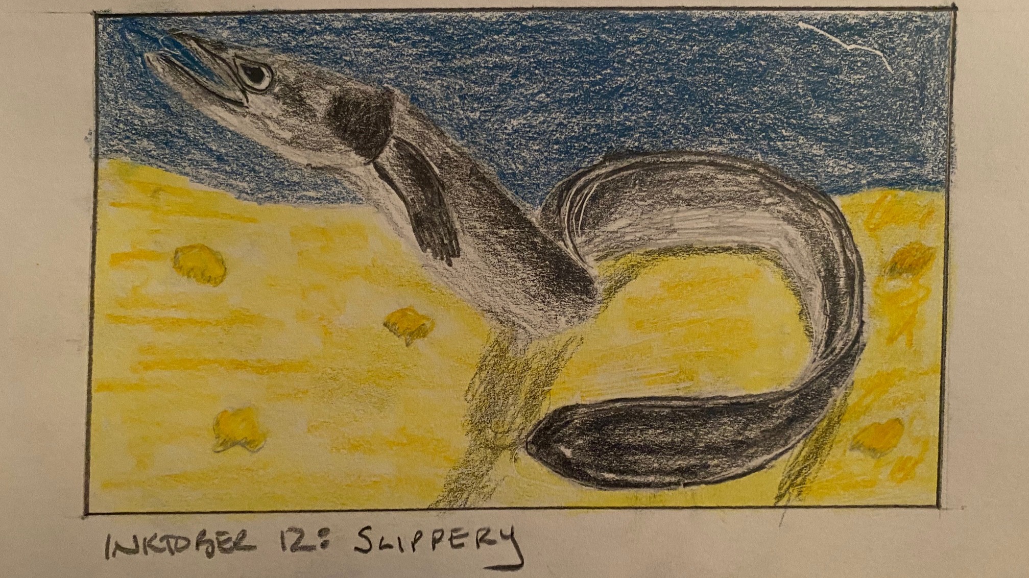 Eel on sea bottom - drawing in pencil and colored pencil