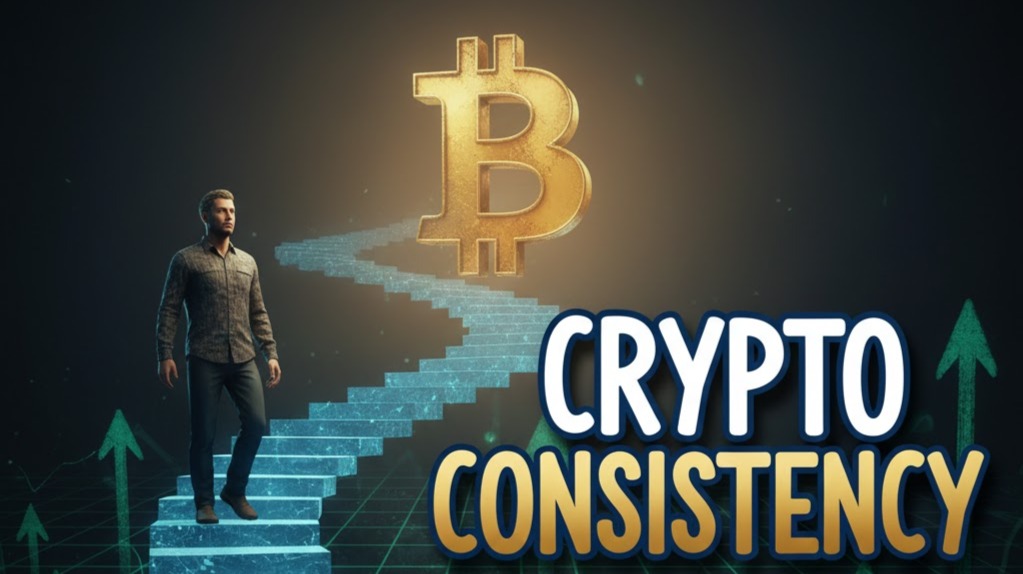 A person climbing a blue digital staircase toward a Bitcoin logo, representing the long-term journey of crypto consistency