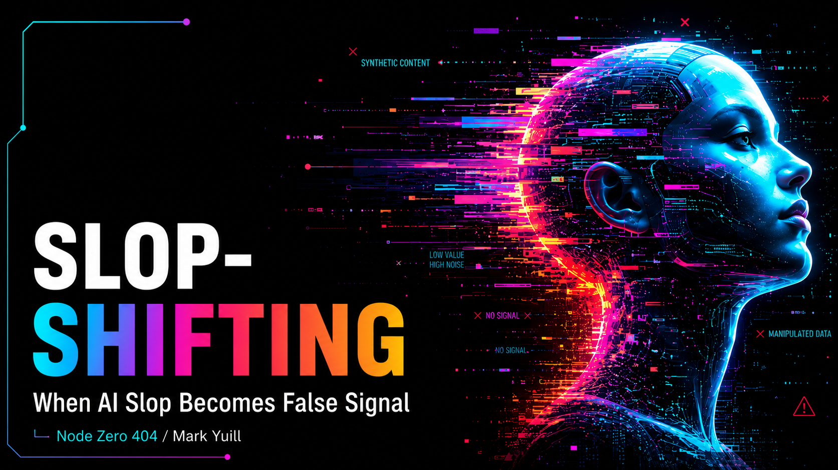 Neon glitch-art thumbnail showing a cybernetic human profile dissolving into data streams
