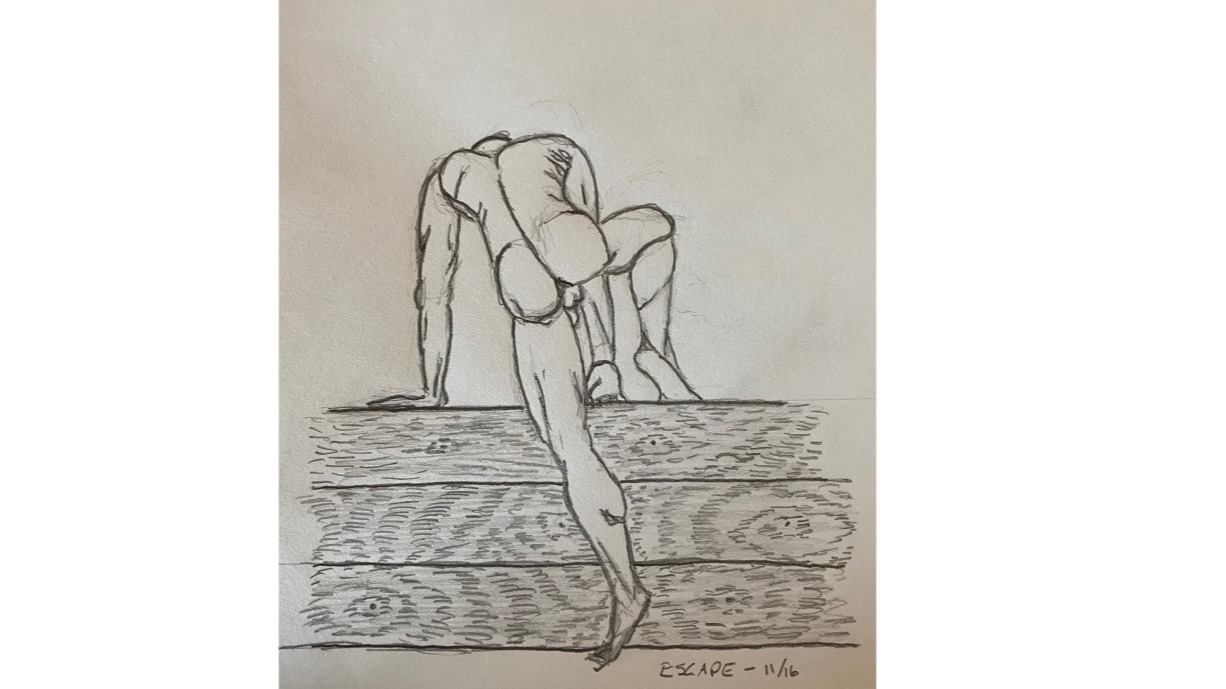 Man climbing wooden fence - drawing in pencil