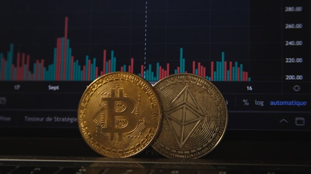 A digital collage showing crypto coins