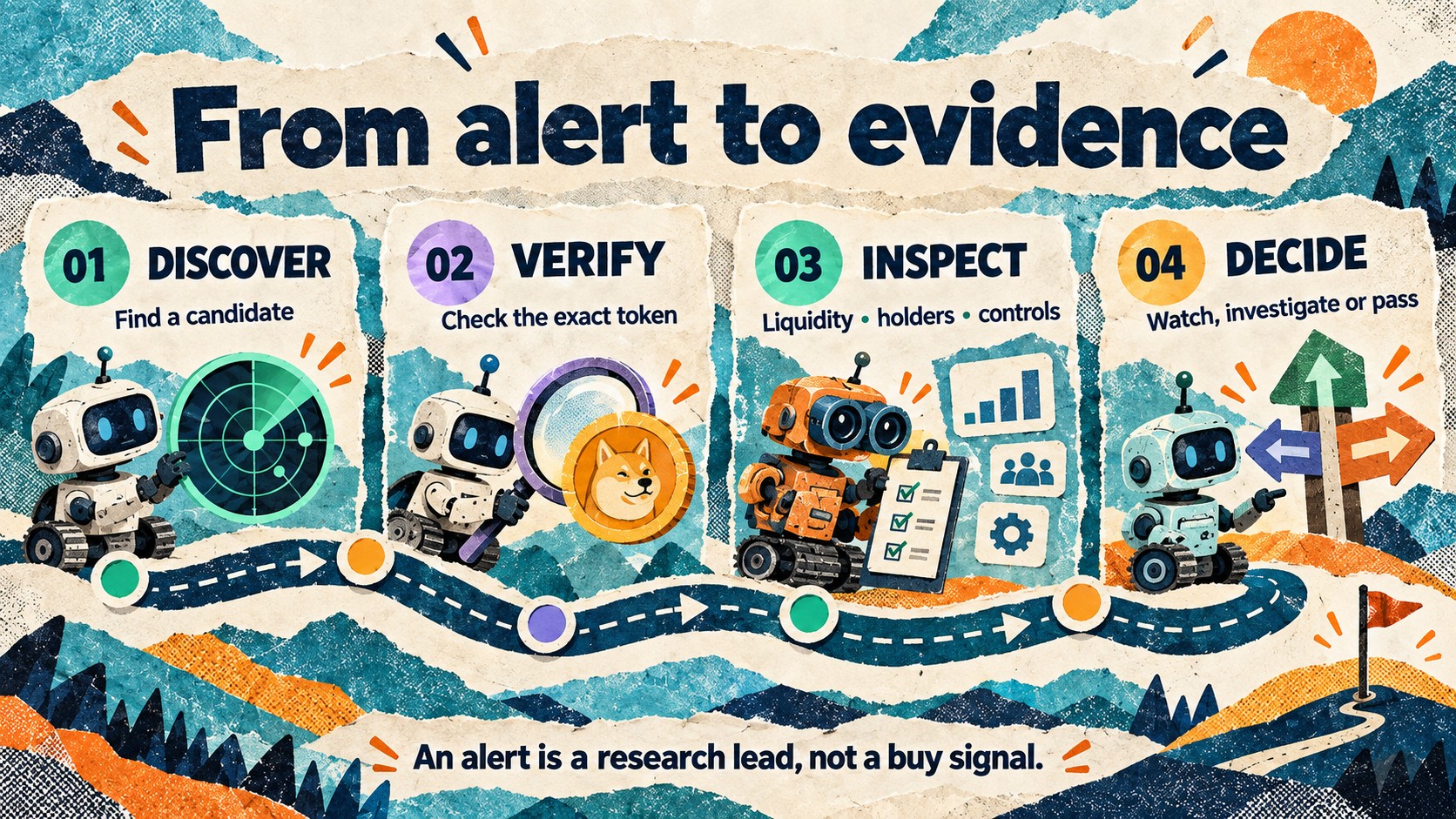 From alert to evidence: discover, verify, inspect, then decide whether to watch, investigate or pass.