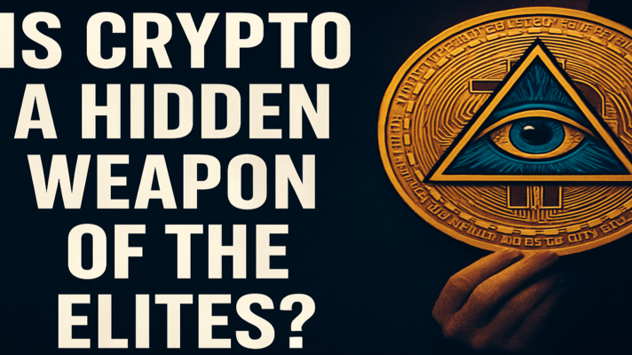 A dark-themed crypto conspiracy thumbnail featuring a bold question — "Is Crypto a Hidden Weapon of the Elites?" — beside a g