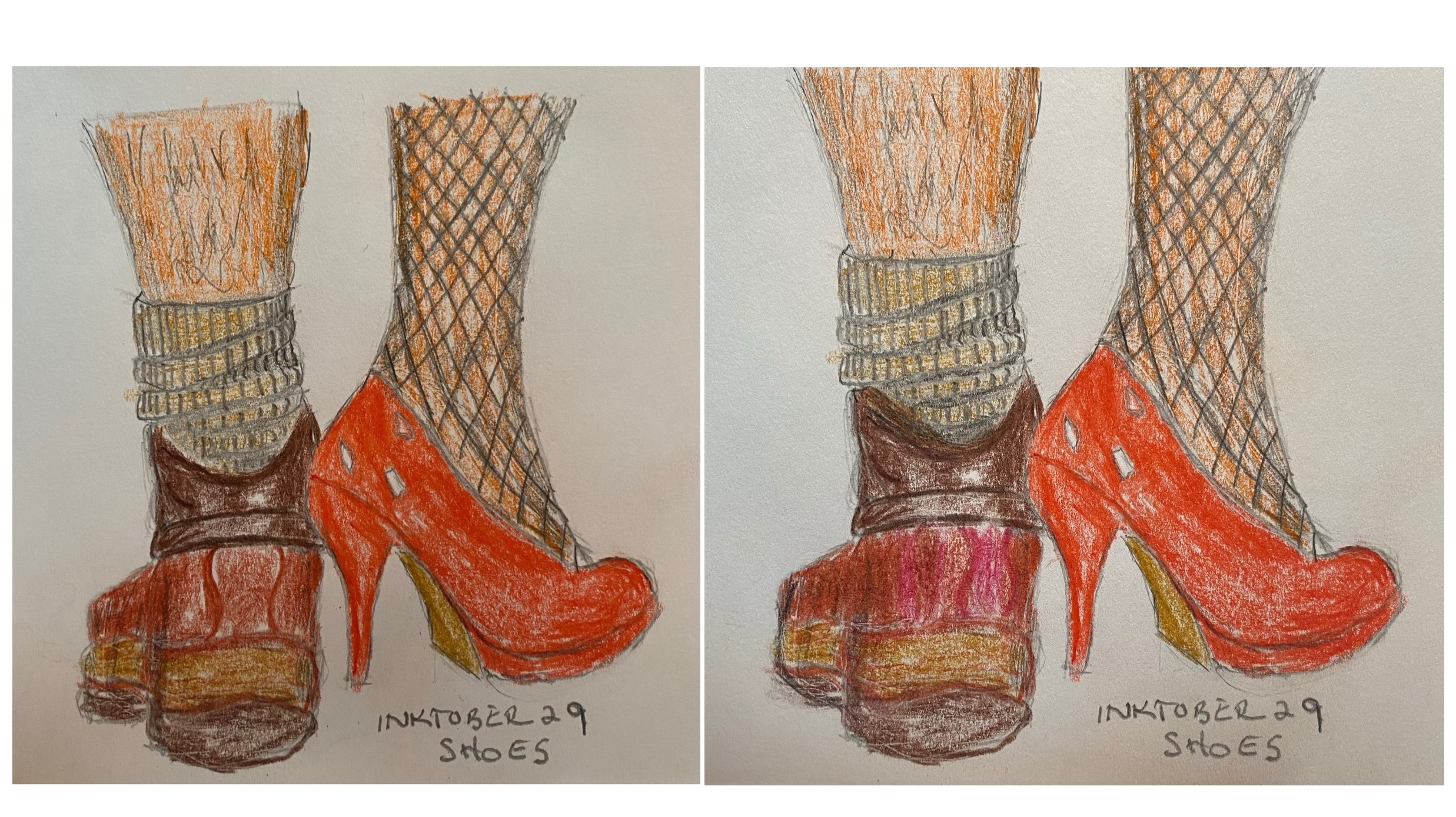 Before and after drawing in pencil and colored pencil - shoes
