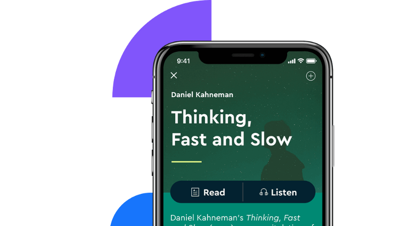 Blinkist hero image Thinking Fast and Slow, Daniel Kahnemann, Read, Listen, Iphone Image; Blinkist app