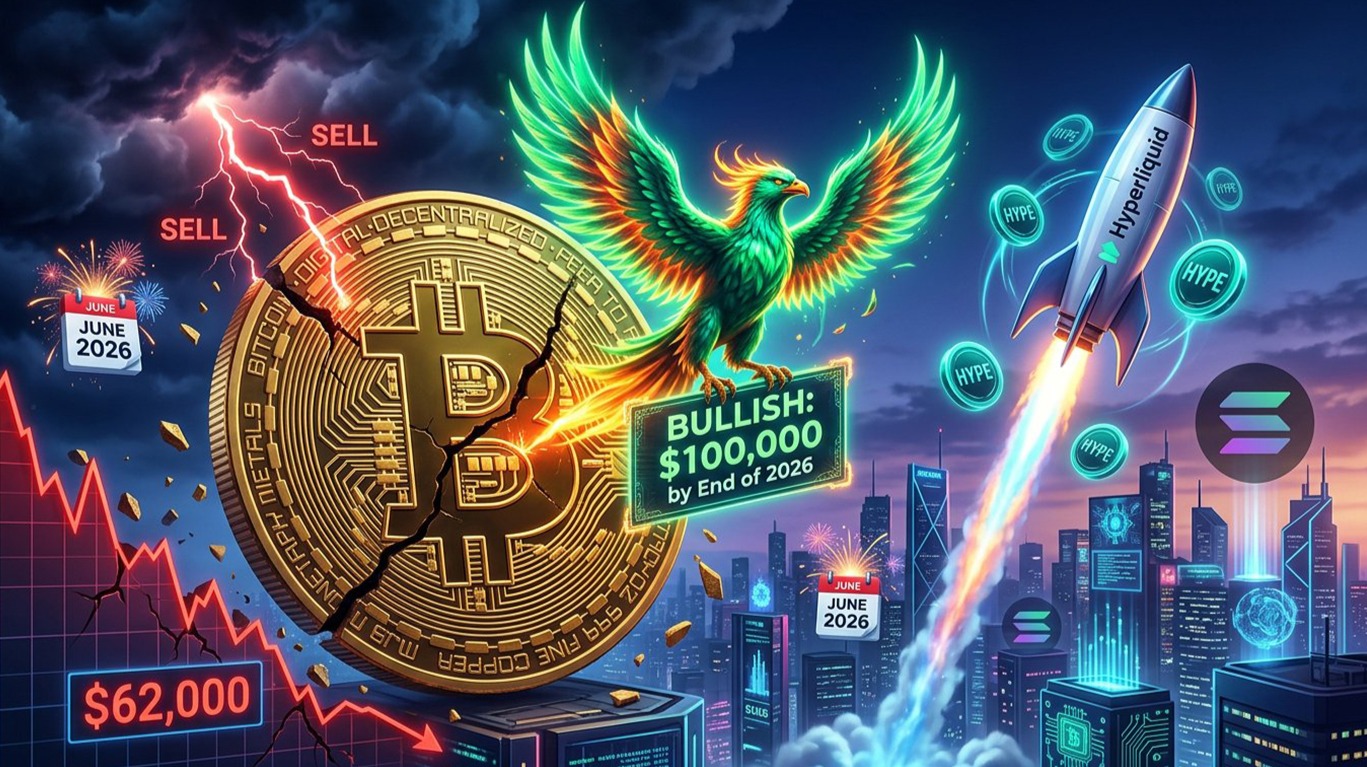 Dramatic cinematic hero image for a crypto investment article: "Bitcoin's June 2026 Meltdown". Foreground features a massive,
