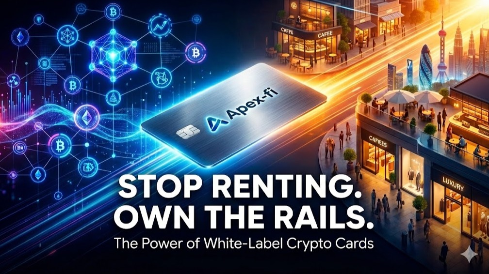 Futuristic white-label crypto card bridging blockchain DeFi and real-world spending.
