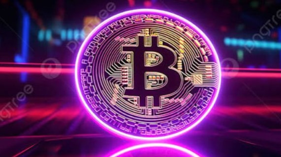 A digital Bitcoin coin shines in the center against a futuristic blockchain network background. Bright blue and purple tones