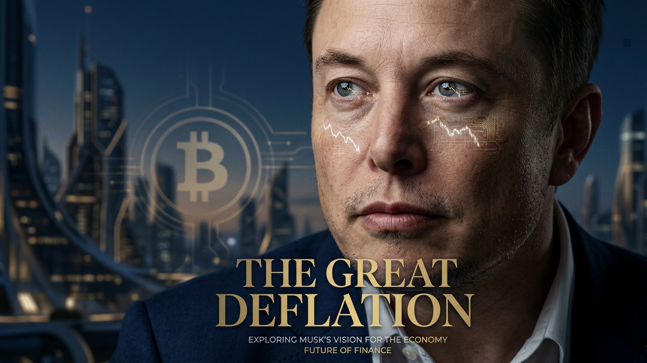 "Professional conceptual portrait of Elon Musk against a futuristic city skyline, featuring glowing Bitcoin logos and financi