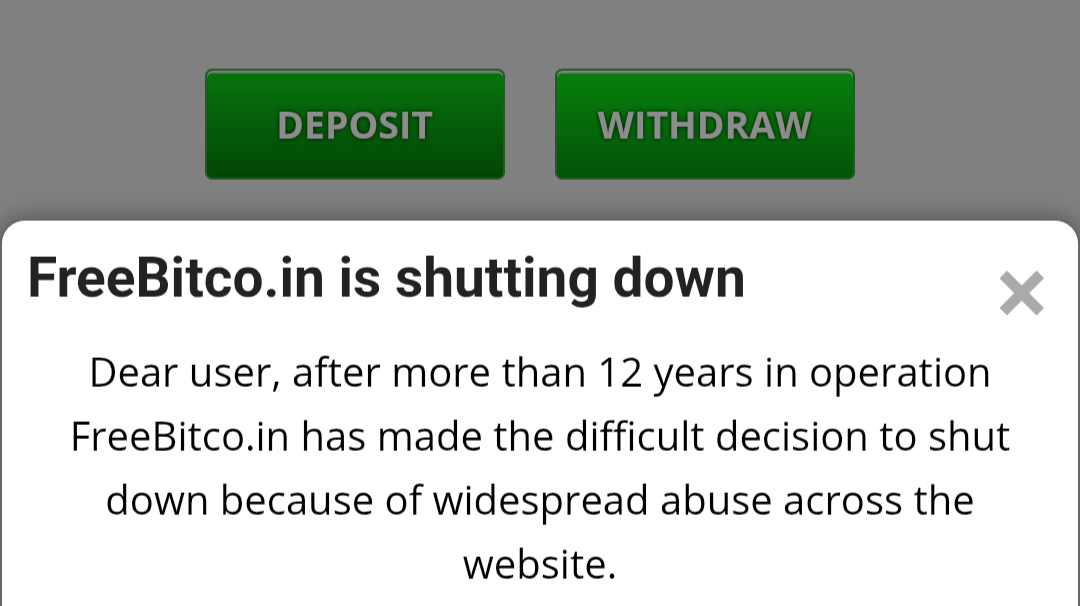 Screenshot of the shutdown message posted on freebitco.in