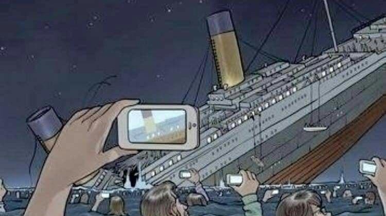 famous meme of people in the sea filming the Titanic sinking.