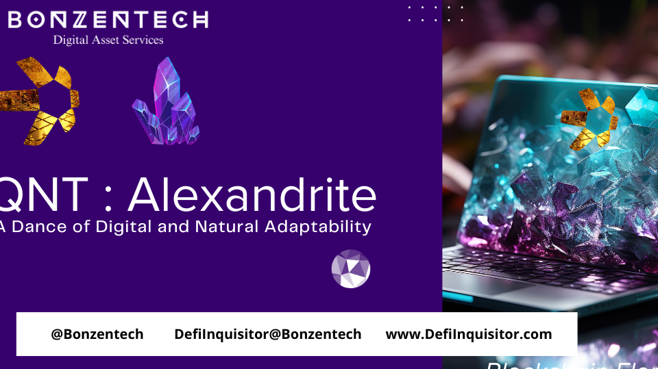 qnt alexandrite logo digital alexandratability, in the style of future tech, black and azure with text and a laptop