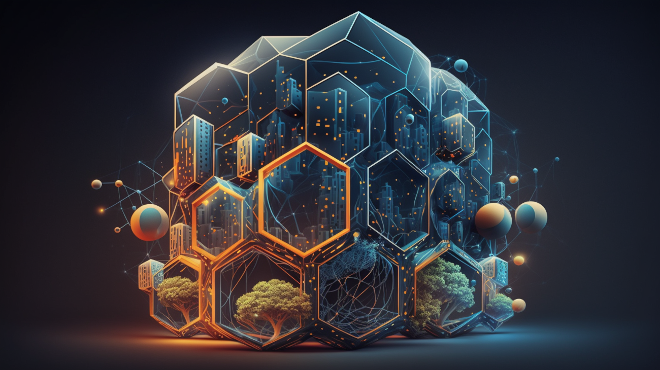 a digital web/blockchain containing buildings trees and other aspect of life.