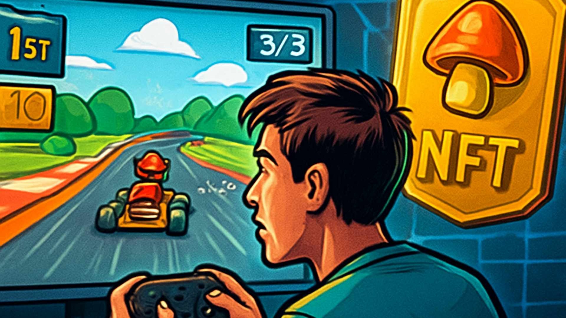 Gamer enjoying a kart game running on the blockchain.
