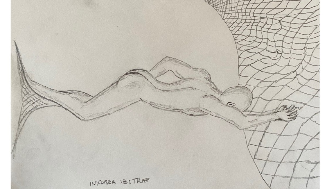 Merman swimming blindly into fishing net - drawing in pencil