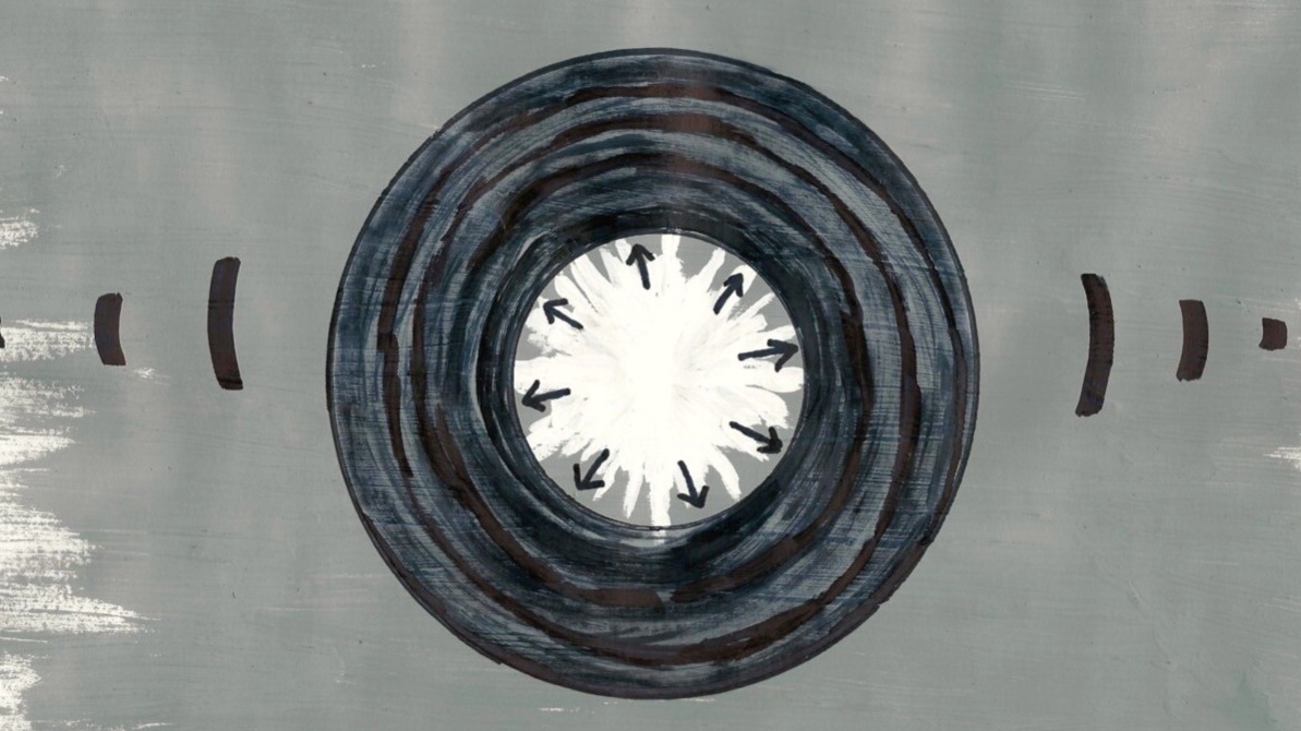 dark inward energy surrounding a nucleus of outward moving light causing vibration (sex)