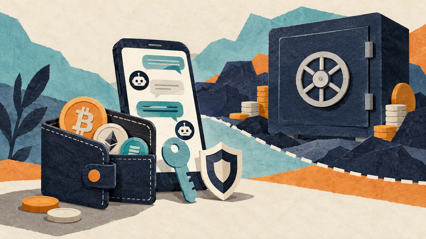 Editorial illustration of a small trading wallet kept separate from a reserve safe