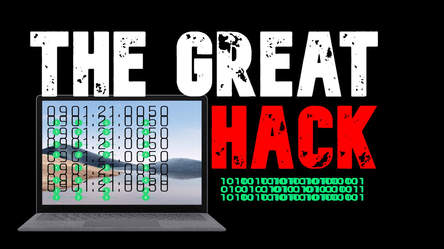 Black background with white text reading the great with read texting reading hack spelling the great hack, with a coding.